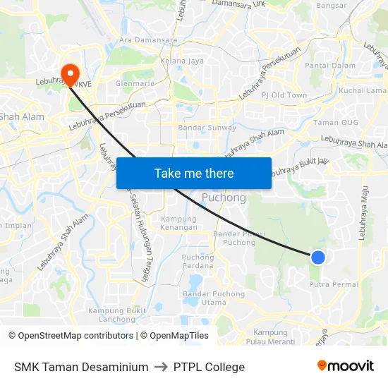 SMK Taman Desaminium to PTPL College map