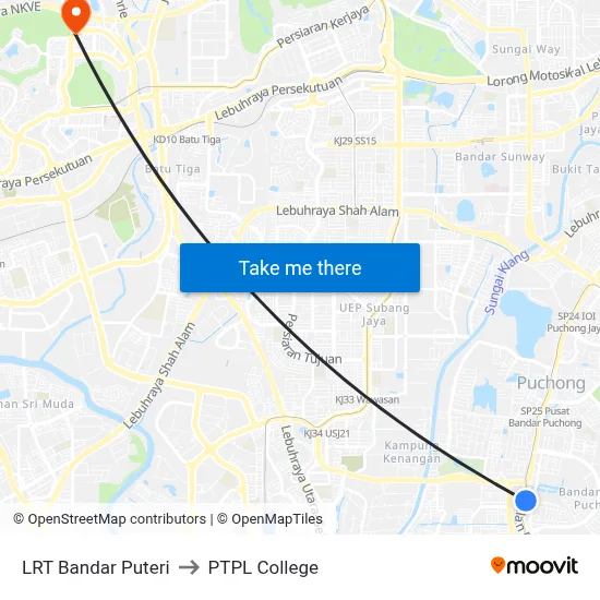 LRT Bandar Puteri to PTPL College map
