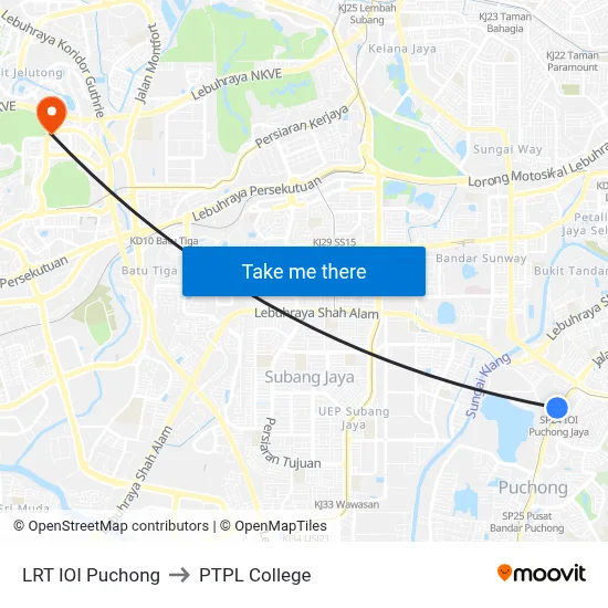 LRT IOI Puchong to PTPL College map