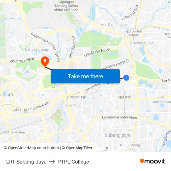 LRT Subang Jaya to PTPL College map