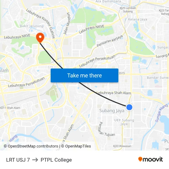 LRT USJ 7 to PTPL College map