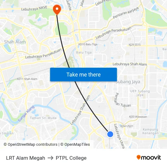 LRT Alam Megah to PTPL College map