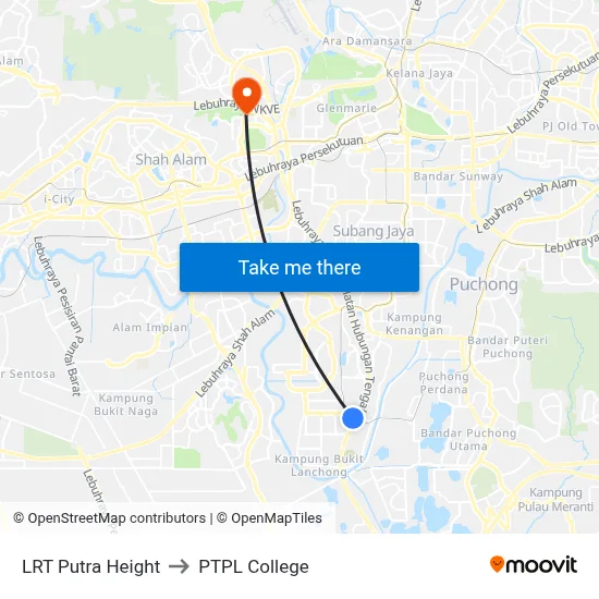 LRT Putra Height to PTPL College map