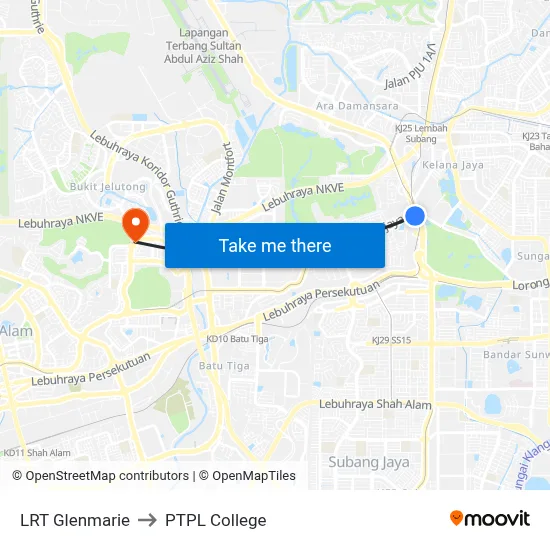 LRT Glenmarie to PTPL College map