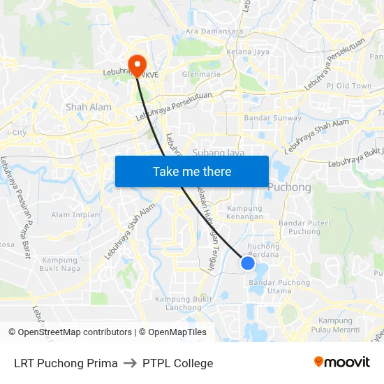 LRT Puchong Prima to PTPL College map