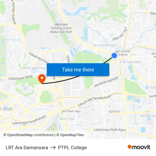 LRT Ara Damansara to PTPL College map