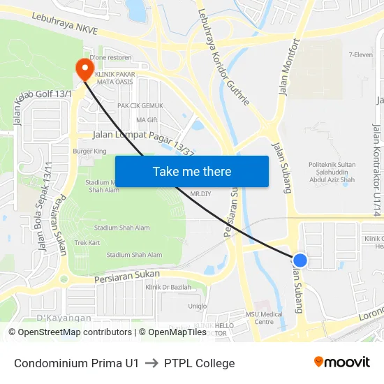 Condominium Prima U1 to PTPL College map