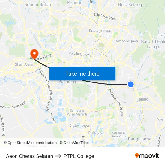 Aeon Cheras Selatan to PTPL College map