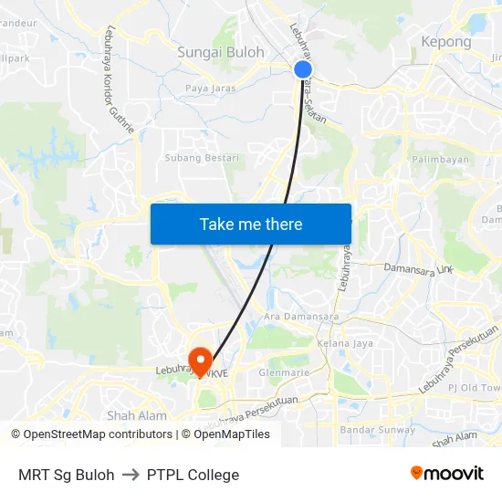 MRT Sg Buloh to PTPL College map