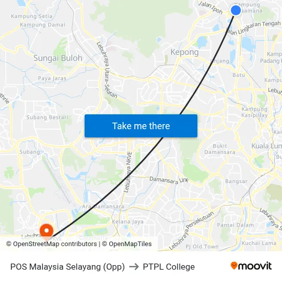 POS Malaysia Selayang (Opp) to PTPL College map