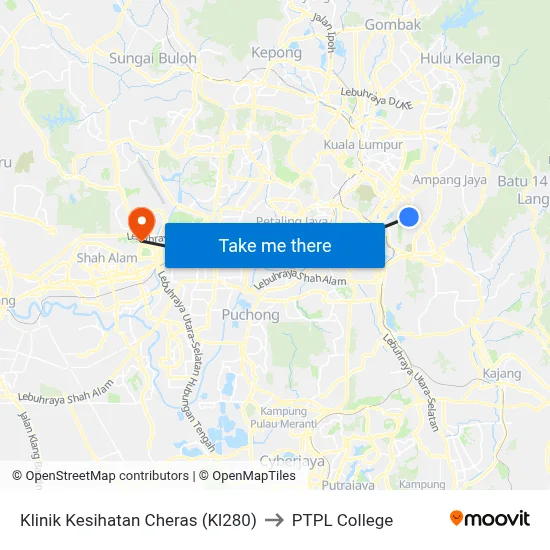 Klinik Kesihatan Cheras (Kl280) to PTPL College map
