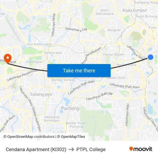 Cendana Apartment (Kl302) to PTPL College map