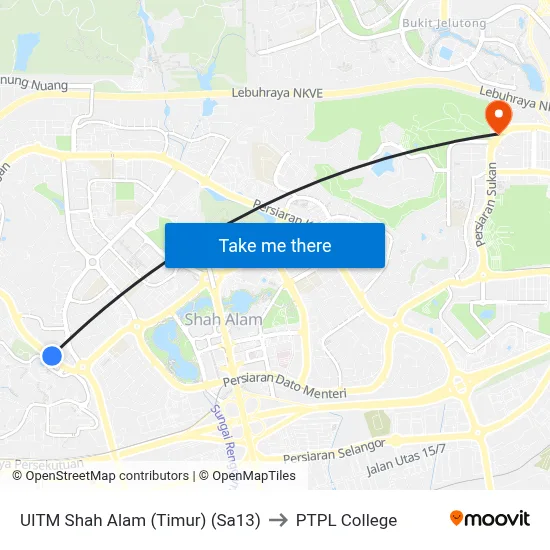 UITM Shah Alam (Timur) (Sa13) to PTPL College map