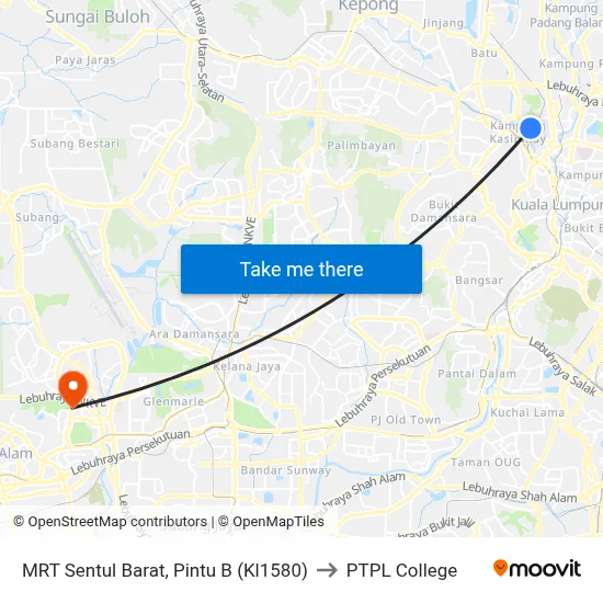 MRT Sentul Barat, Pintu B (Kl1580) to PTPL College map