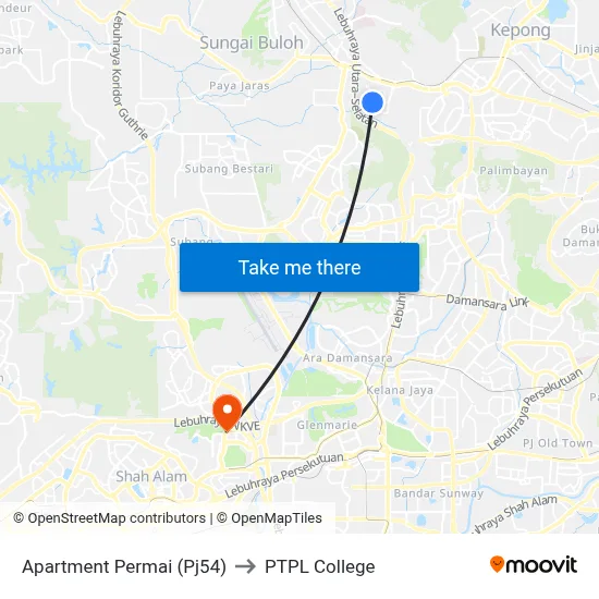 Apartment Permai (Pj54) to PTPL College map