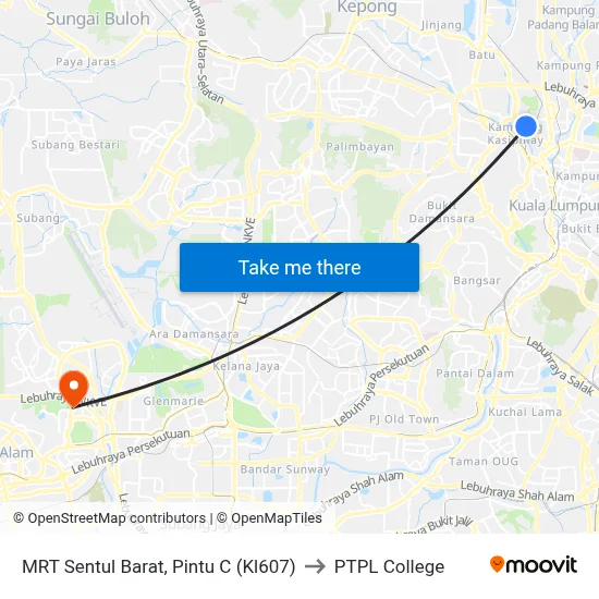 MRT Sentul Barat, Pintu C (Kl607) to PTPL College map
