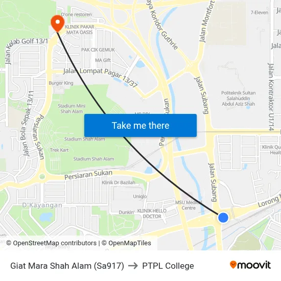 Giat Mara Shah Alam (Sa917) to PTPL College map