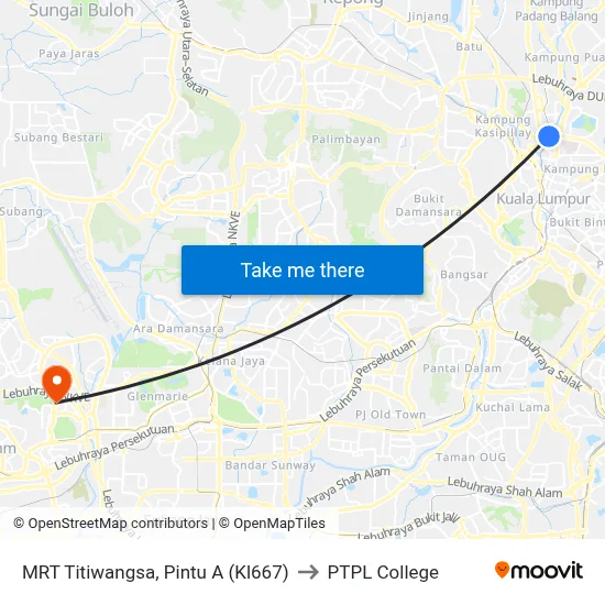 MRT Titiwangsa, Pintu A (Kl667) to PTPL College map