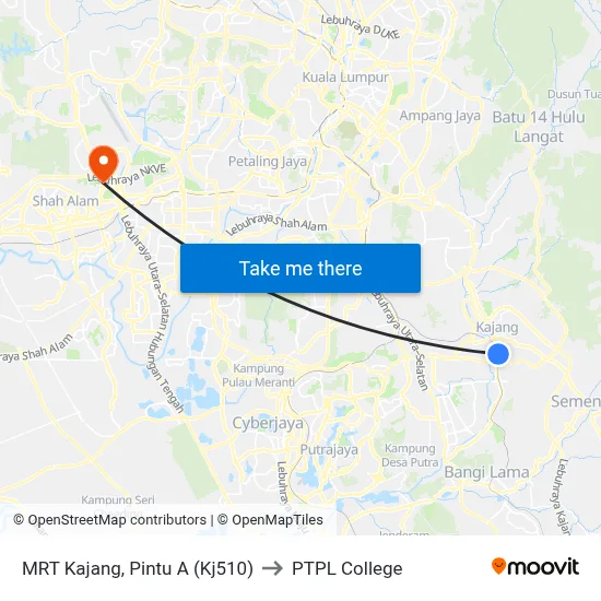 MRT Kajang, Pintu A (Kj510) to PTPL College map