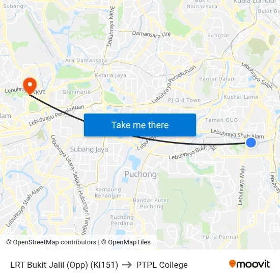 LRT Bukit Jalil (Opp) (Kl151) to PTPL College map