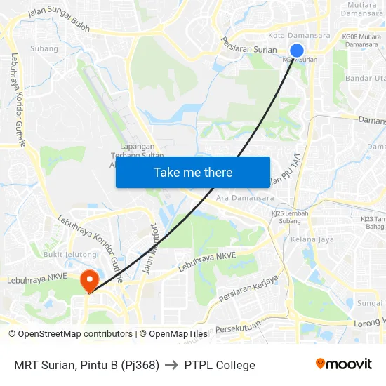 MRT Surian, Pintu B (Pj368) to PTPL College map