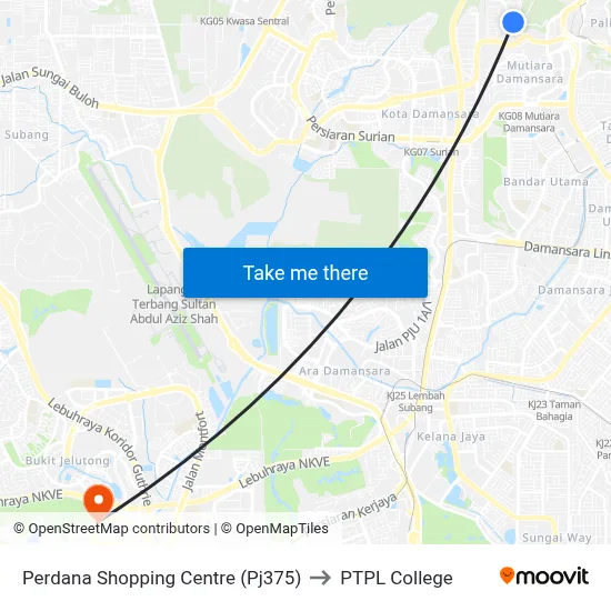 Perdana Shopping Centre (Pj375) to PTPL College map