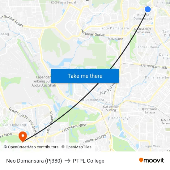 Neo Damansara (Pj380) to PTPL College map
