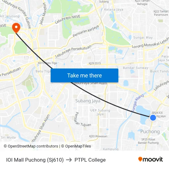 IOI Mall Puchong (Sj610) to PTPL College map