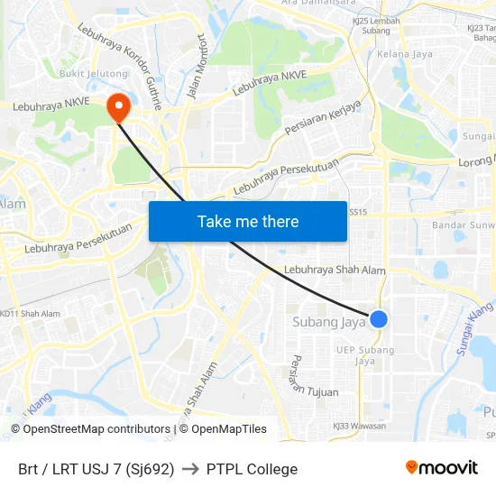 Brt / LRT USJ 7 (Sj692) to PTPL College map