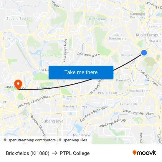 Brickfields (Kl1080) to PTPL College map