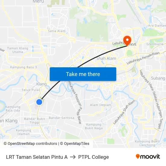 LRT Taman Selatan Pintu A to PTPL College map