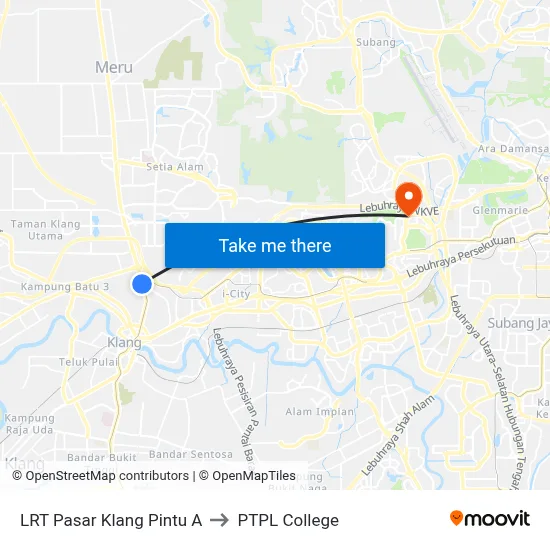 LRT Pasar Klang Pintu A to PTPL College map