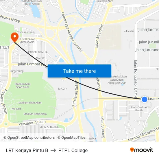 LRT Kerjaya Pintu B to PTPL College map