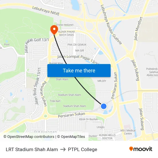 LRT Stadium Shah Alam to PTPL College map