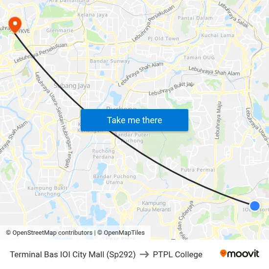 Terminal Bas IOI City Mall (Sp292) to PTPL College map