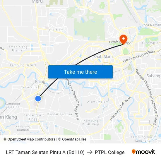 LRT Taman Selatan Pintu A (Bd110) to PTPL College map