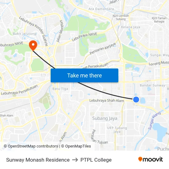 Sunway Monash Residence to PTPL College map