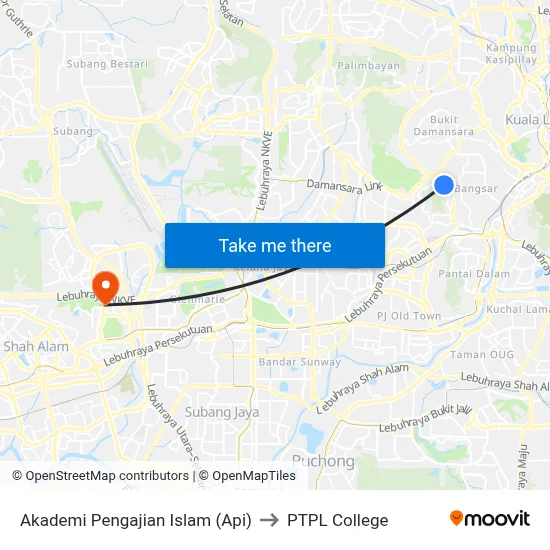 Akademi Pengajian Islam (Api) to PTPL College map