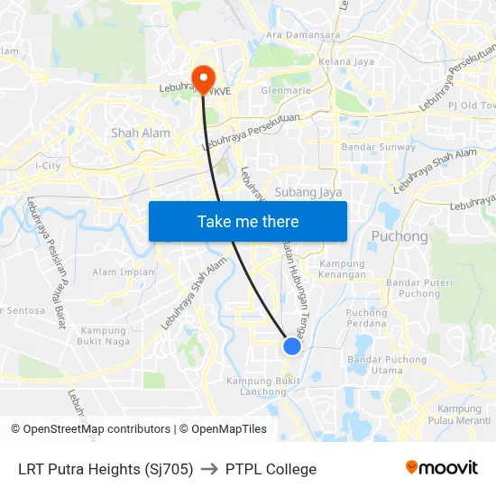LRT Putra Heights (Sj705) to PTPL College map