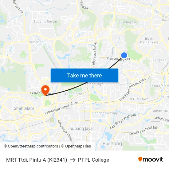 MRT Ttdi, Pintu A (Kl2341) to PTPL College map