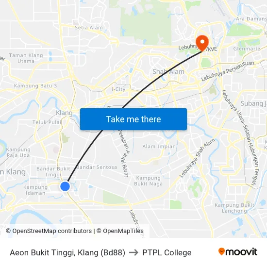 Aeon Bukit Tinggi, Klang (Bd88) to PTPL College map