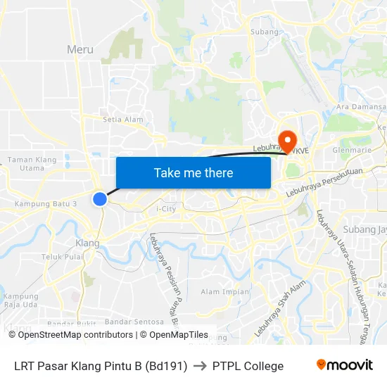 LRT Pasar Klang Pintu B (Bd191) to PTPL College map