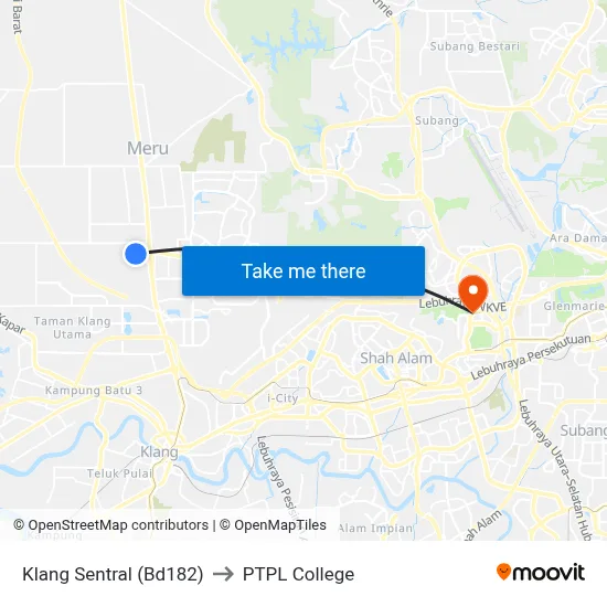 Klang Sentral (Bd182) to PTPL College map