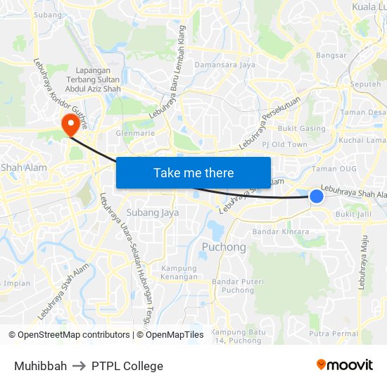 Muhibbah to PTPL College map