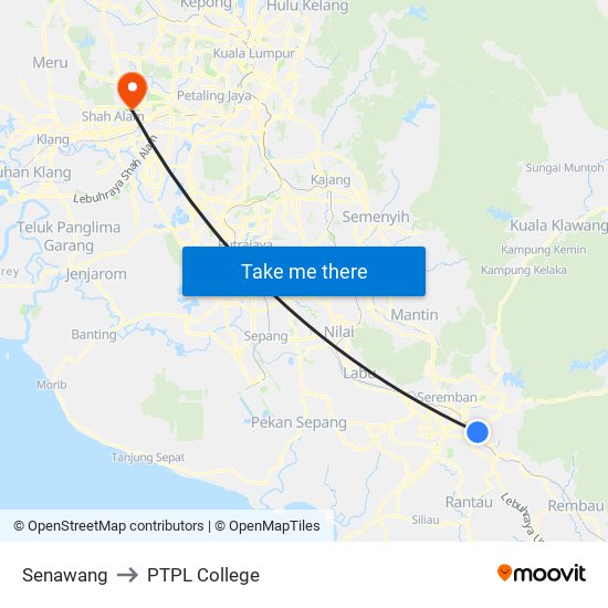 Senawang to PTPL College map