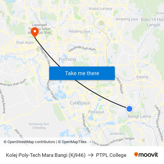 Kolej Poly-Tech Mara Bangi (Kj946) to PTPL College map