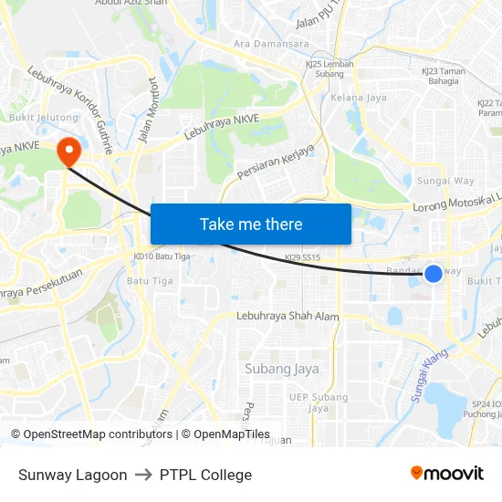 Sunway Lagoon to PTPL College map