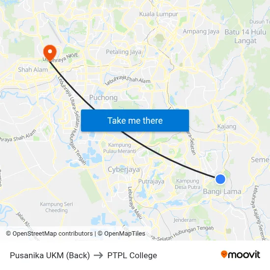 Pusanika UKM (Back) to PTPL College map