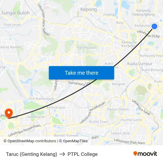 Taruc (Genting Kelang) to PTPL College map