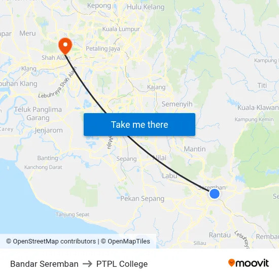 Bandar Seremban to PTPL College map